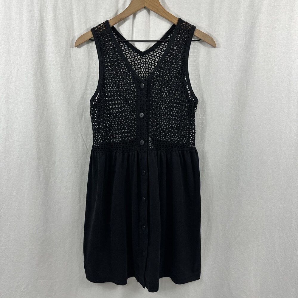 Ativo Vintage Black Open Knit Crochet Sleeveless Button Front Top Womens S